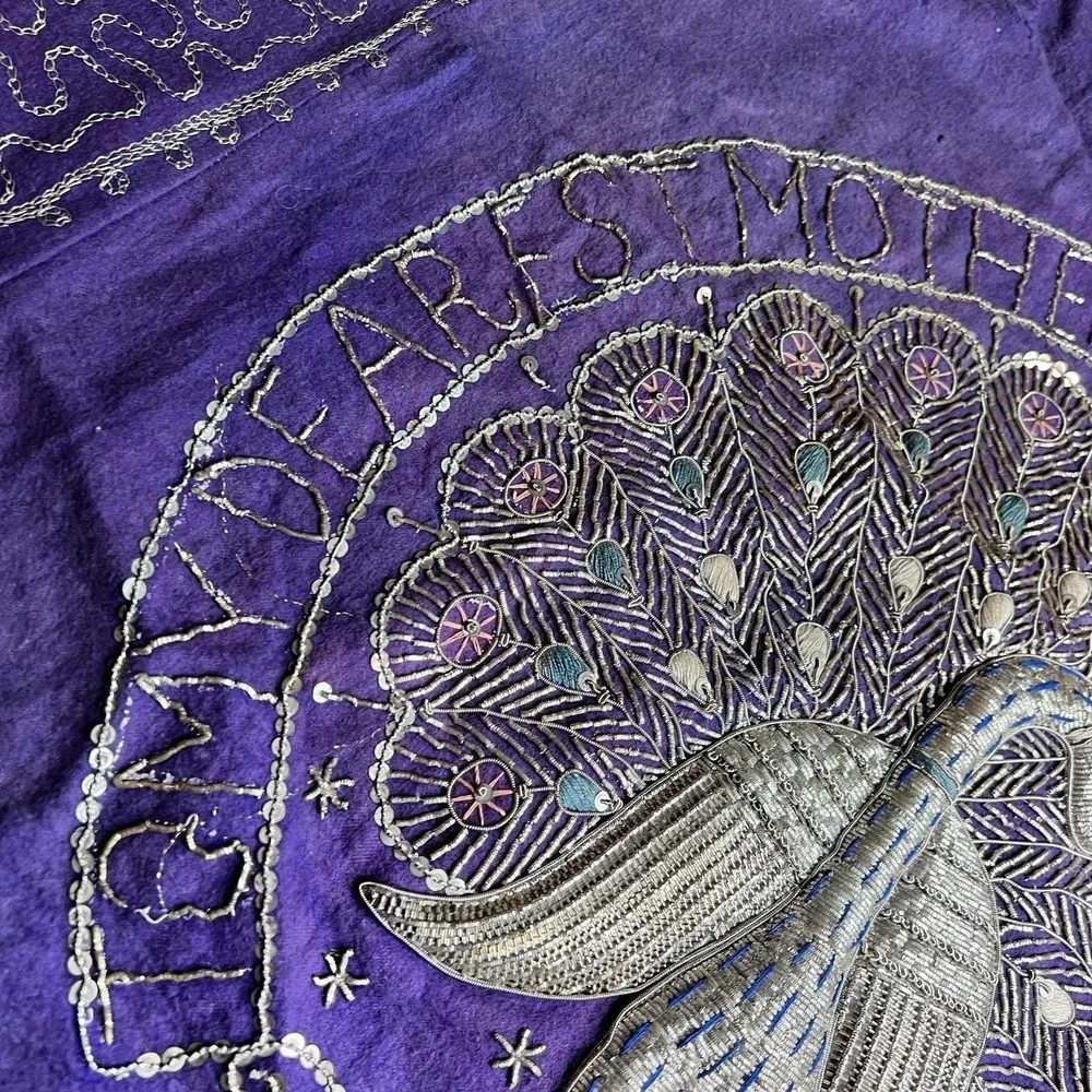 Vtg 1945 Indian Zari Embroidery Peacock Purple Velvet Panel WWII Era Gift 36x35